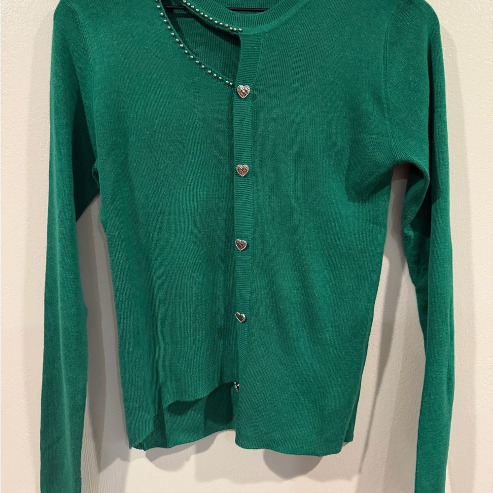 Green Sweater with Heart Buttons NWOT